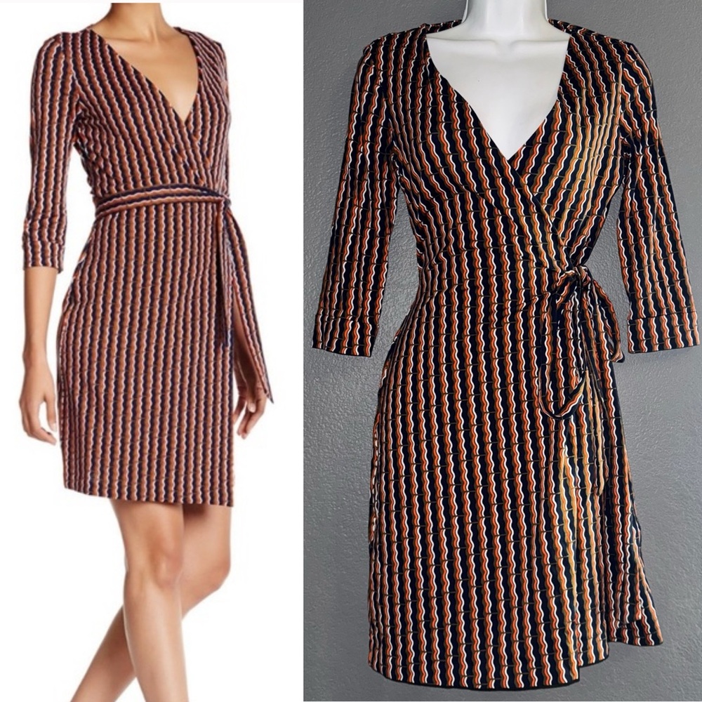 Diane Von Furstenberg Black & Orange Mini Wrap Belted Striped Dress Womens Small
